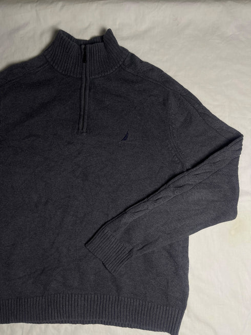 Vintage Nautica Striped Collar Quarter Zip Sweater - Black (Size L)