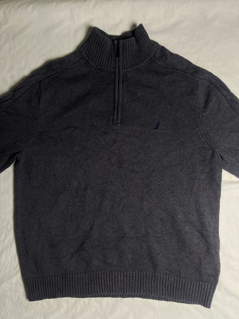 Vintage Nautica Striped Collar Quarter Zip Sweater - Black (Size L)
