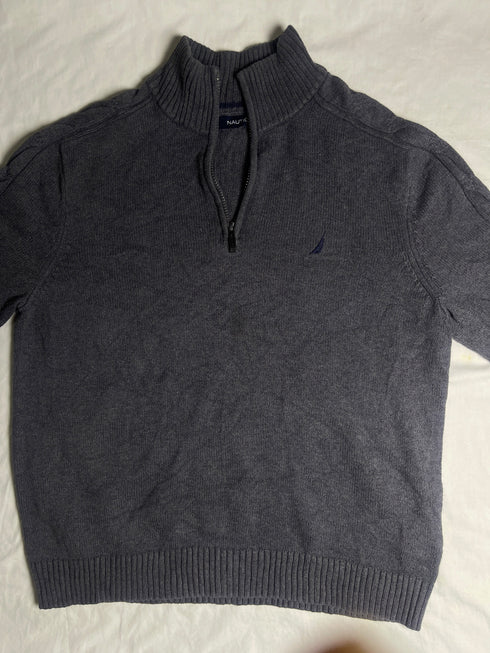 Vintage Nautica Striped Collar Quarter Zip Sweater - Black (Size L)