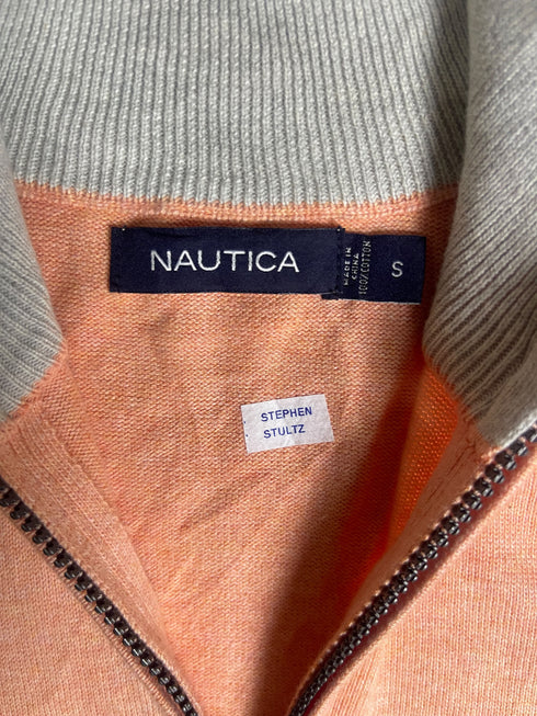 Vintage Nautica Quarter-Zip Cotton Jumper - Peach / Coral Pink (Size S)
