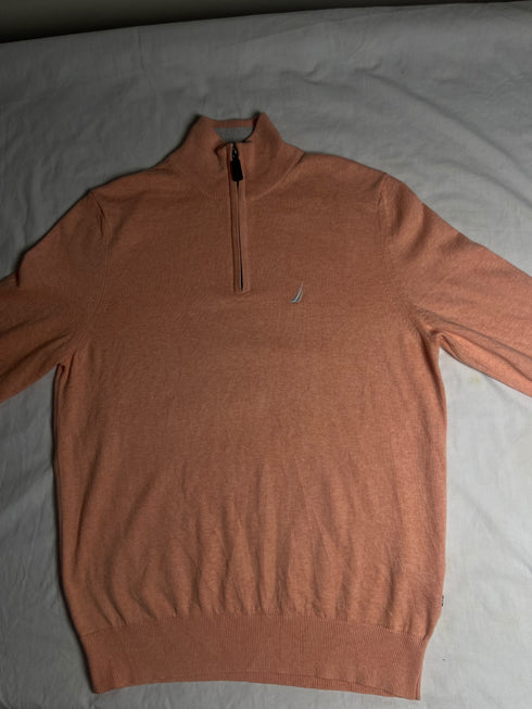Vintage Nautica Quarter-Zip Cotton Jumper - Peach / Coral Pink (Size S)