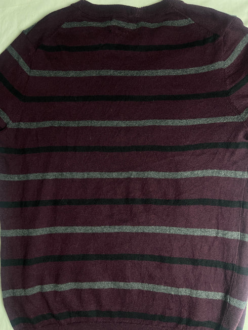 Vintage Nautica Striped Crewneck Jumper - Burgundy & Grey (Size S)