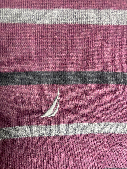 Vintage Nautica Striped Crewneck Jumper - Burgundy & Grey (Size S)