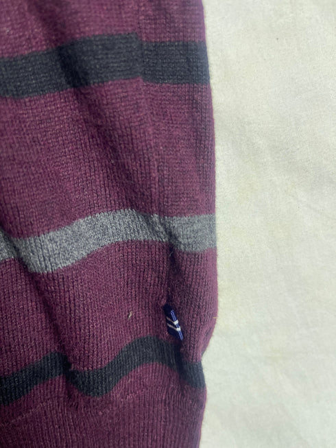 Vintage Nautica Striped Crewneck Jumper - Burgundy & Grey (Size S)