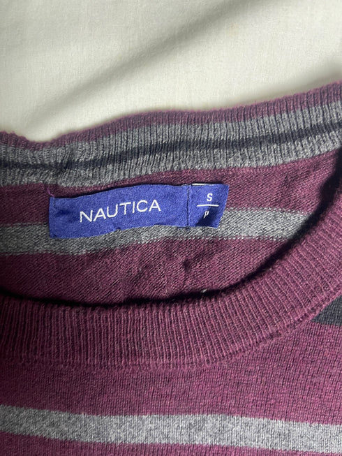 Vintage Nautica Striped Crewneck Jumper - Burgundy & Grey (Size S)