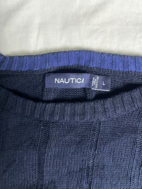 Vintage Nautica Cable Knit Cotton Jumper - Navy Blue (Size L)