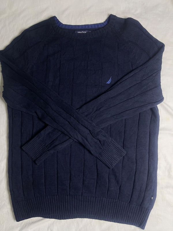 Vintage Nautica Cable Knit Cotton Jumper - Navy Blue (Size L)