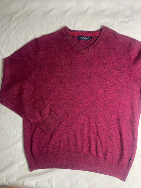 Vintage Nautica V-Neck Cotton Jumper - Burgundy (Size M)