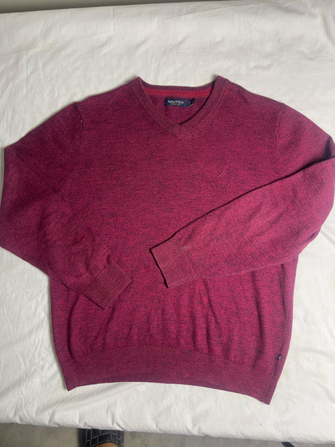 Vintage Nautica V-Neck Cotton Jumper - Burgundy (Size M)