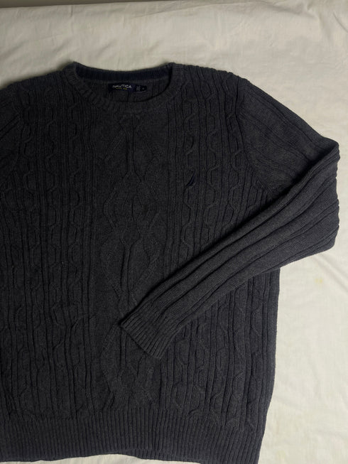 Vintage Nautica Cable Knit Cotton Jumper - Charcoal Grey (Size M)