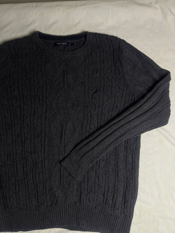 Vintage Nautica Cable Knit Cotton Jumper - Charcoal Grey (Size M)
