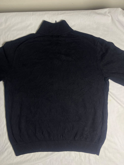 Flat lay view of vintage Nautica black quarter-zip jumper with contrast grey collar in size Extra Large