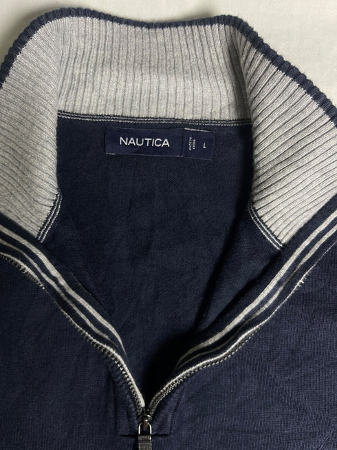 Vintage Nautica Striped Collar Quarter Zip Sweater - Black (Size L)