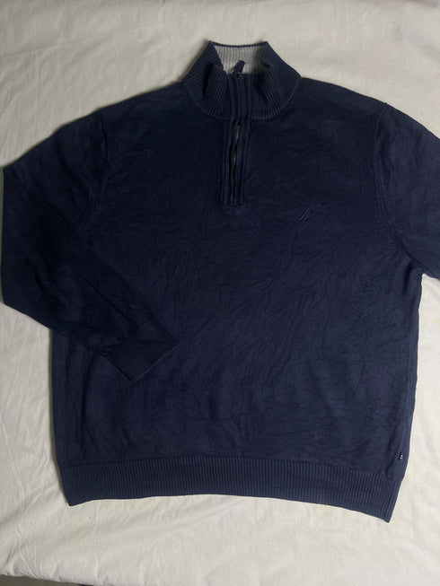 Vintage Nautica Striped Collar Quarter Zip Sweater - Black (Size L)