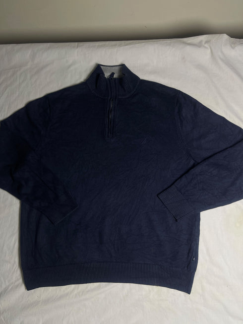 Vintage Nautica Striped Collar Quarter Zip Sweater - Black (Size L)