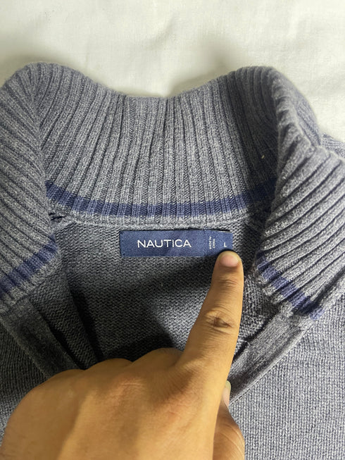 Vintage Nautica Striped Collar Quarter Zip Sweater - Black (Size L)