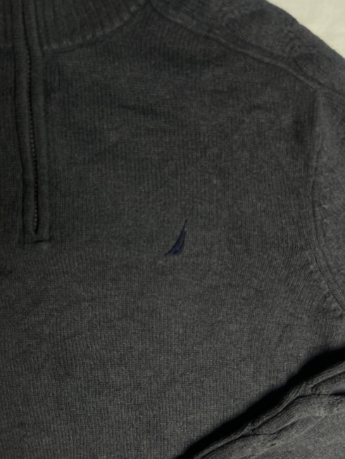 Vintage Nautica Striped Collar Quarter Zip Sweater - Black (Size L)