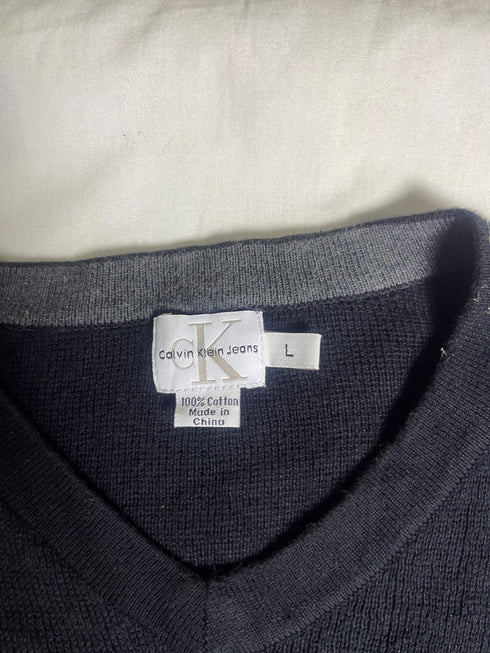 Vintage Calvin Klein Jeans V-Neck Cotton Knit Sweater - Black (Size L)