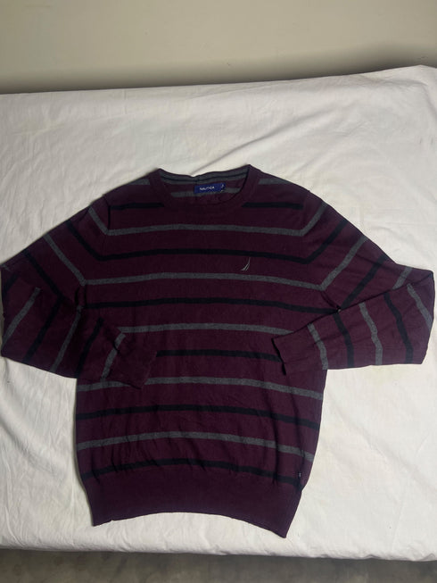 Vintage Nautica Striped Crewneck Jumper - Burgundy & Grey (Size S)