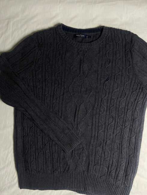 Vintage Nautica Cable Knit Cotton Jumper - Charcoal Grey (Size M)