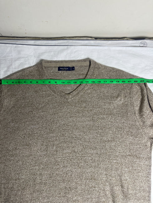 Vintage Nautica V-Neck Knit Jumper - Oatmeal Beige (Size XL)