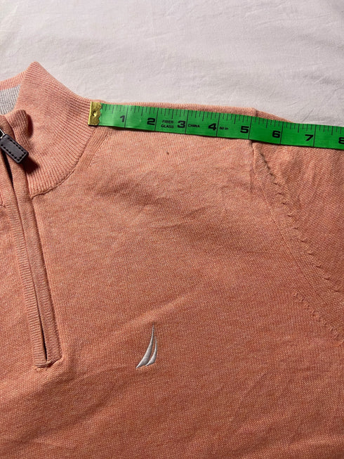 Vintage Nautica Quarter-Zip Cotton Jumper - Peach / Coral Pink (Size S)