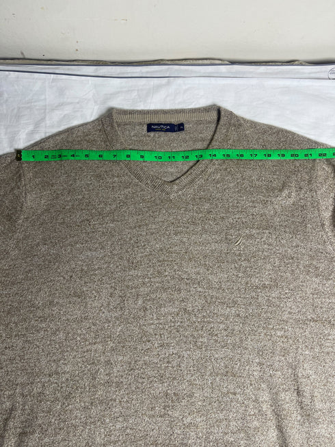 Vintage Nautica V-Neck Knit Jumper - Oatmeal Beige (Size XL)