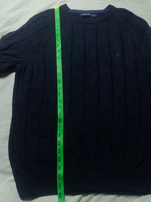 Vintage Nautica Cable Knit Cotton Jumper - Navy Blue (Size L)