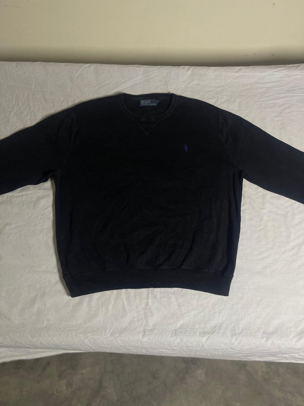 Authentic Polo by Ralph Lauren Ribbed Crewneck Sweater – Black with Purple Pony (Size Large) - Vint Drop
