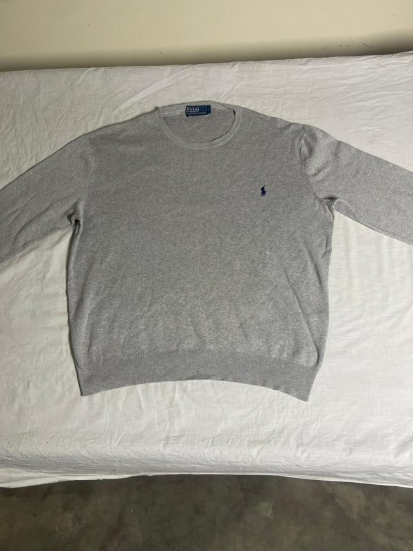 Authentic Polo by Ralph Lauren Ribbed Crewneck Sweater – Heather Grey with Navy Pony (Size Large) - Vint Drop