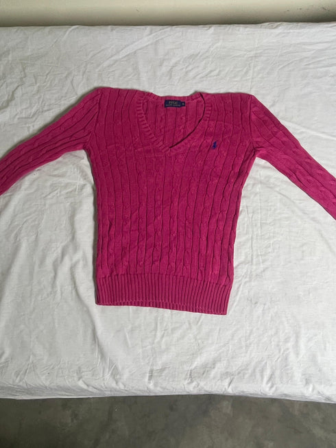 Authentic Polo Ralph Lauren Cable-Knit Cotton V-Neck Sweater – Vibrant Hot Pink (Size XS) - Vint Drop