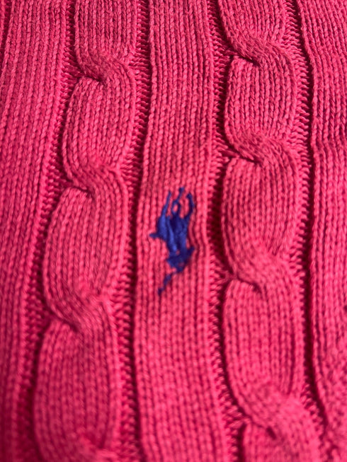 Authentic Polo Ralph Lauren Cable-Knit Cotton V-Neck Sweater – Vibrant Hot Pink (Size XS) - Vint Drop