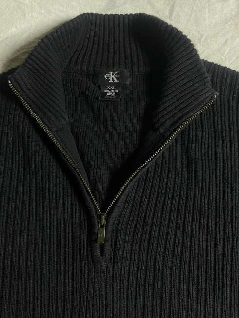 Vintage Calvin Klein Black Ribbed Quarter-Zip Sweater - Size XXL - Vint Drop