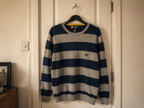 Vintage Chaps Navy & Grey Striped Knit Crewneck Sweater - Size L - Vint Drop