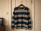 Vintage Chaps Navy & Grey Striped Knit Crewneck Sweater - Size L - Vint Drop