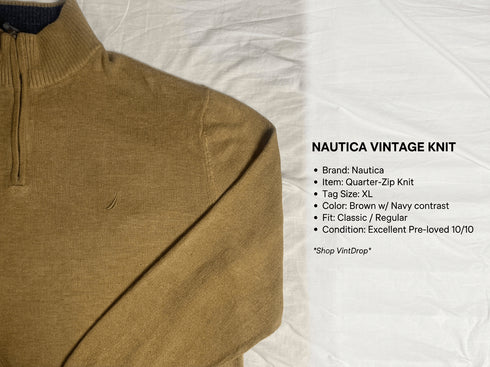 Vintage Nautica Quarter Zip Knit Sweater - Beige / Tan (XL) - Vint Drop