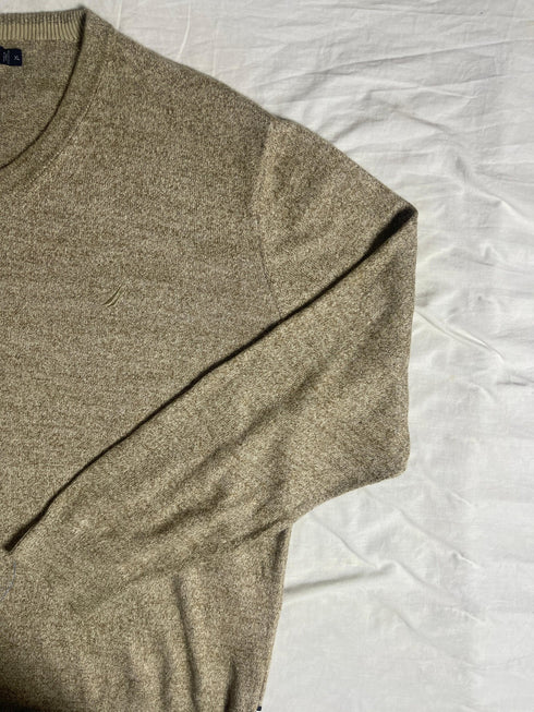 Vintage Nautica V-Neck Knit Jumper - Oatmeal Beige (Size XL) - Vint Drop