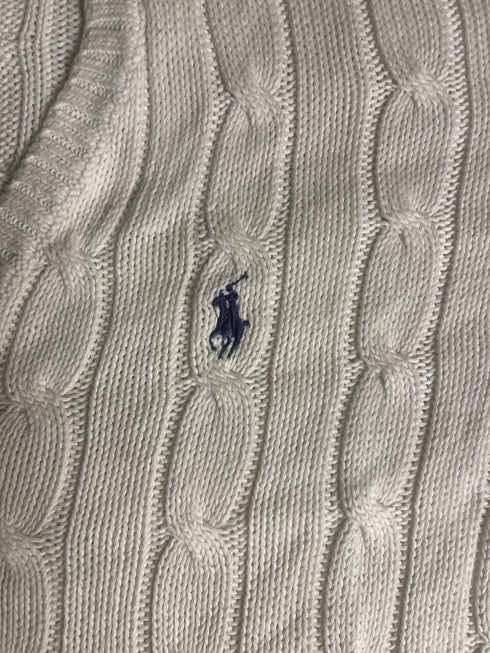 Vintage Polo Ralph Lauren Cable-Knit V-Neck Sweater - White Pima Cotton (XS) - Vint Drop