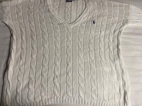 Vintage Polo Ralph Lauren Cable-Knit V-Neck Sweater - White Pima Cotton (XS) - Vint Drop