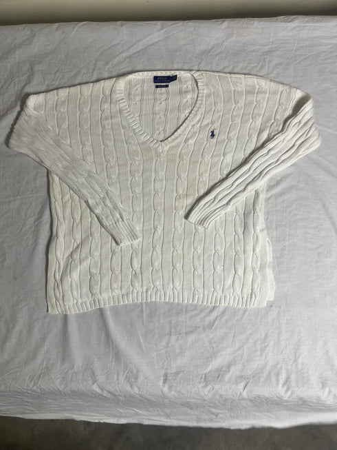 Vintage Polo Ralph Lauren Cable-Knit V-Neck Sweater - White Pima Cotton (XS) - Vint Drop