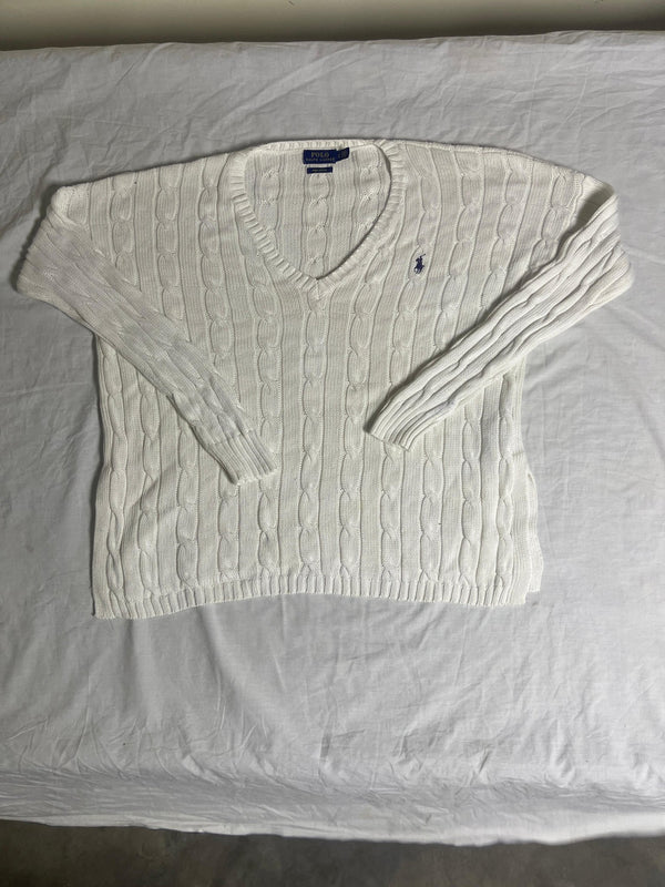 Vintage Polo Ralph Lauren Cable-Knit V-Neck Sweater - White Pima Cotton (XS) - Vint Drop