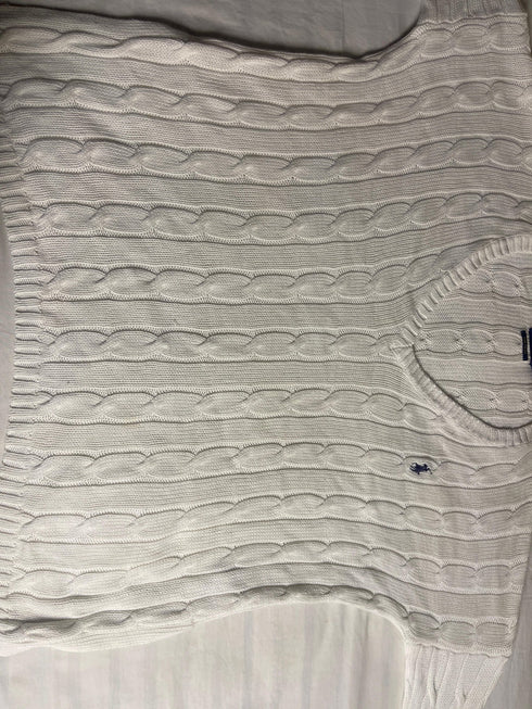 Vintage Polo Ralph Lauren Cable-Knit V-Neck Sweater - White Pima Cotton (XS) - Vint Drop