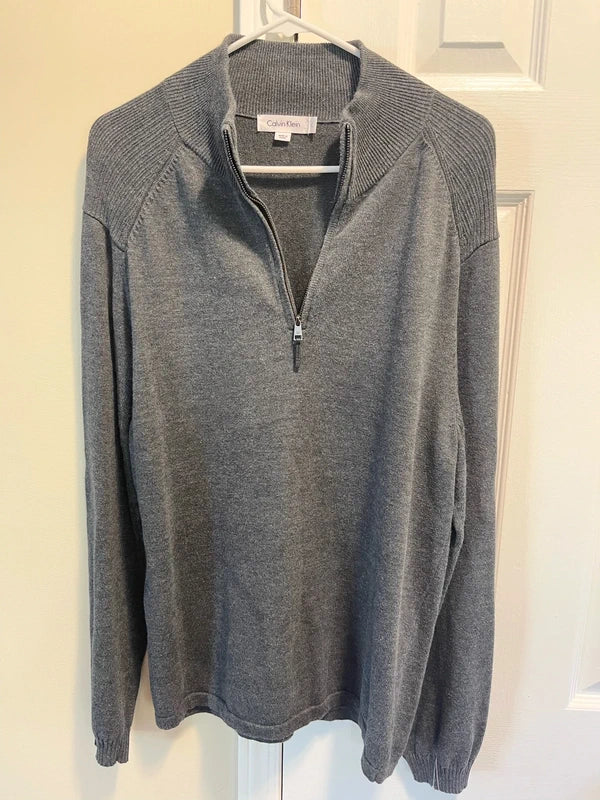 100% Authentic Calvin Klein Men's Quarter-Zip Mock Neck Sweater – Gray (Size Large) - NWOT