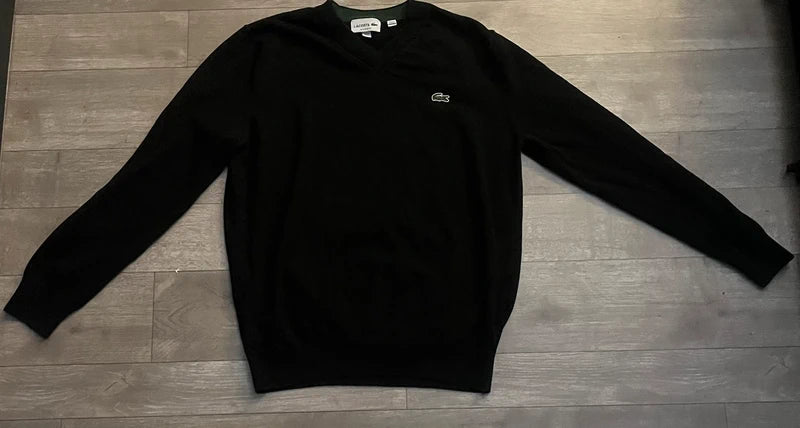 100% Authentic Lacoste Men's V-Neck Cotton Sweater – Classic Black (Size Large)