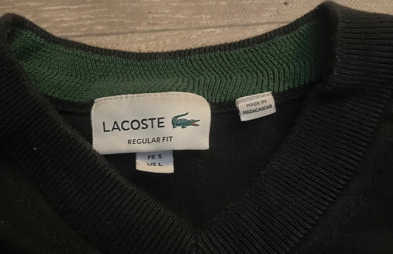 100% Authentic Lacoste Men's V-Neck Cotton Sweater – Classic Black (Size Large)