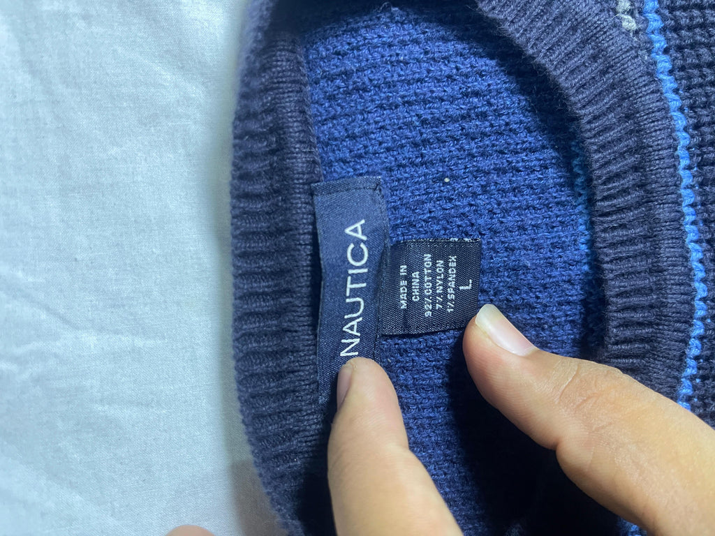 Vintage Nautica V-Neck Knit Sweater - Slate Blue (Size L)