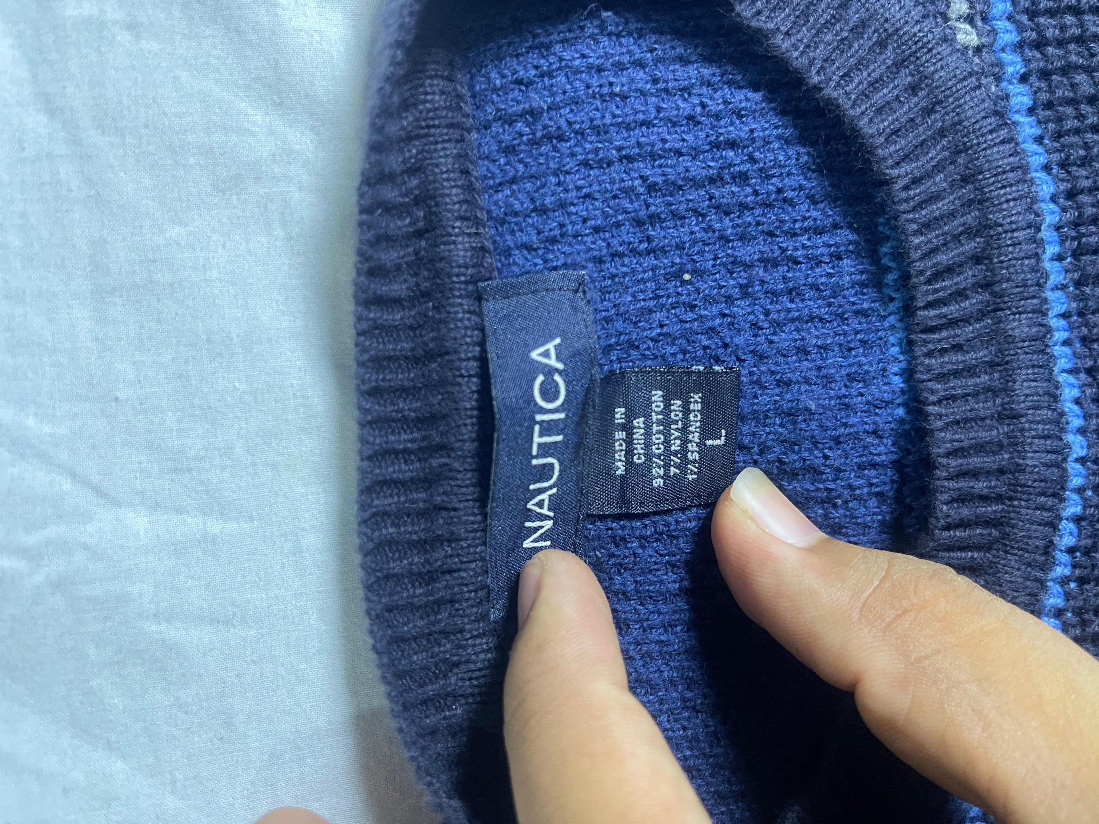 Vintage Nautica V-Neck Knit Sweater - Slate Blue (Size L)