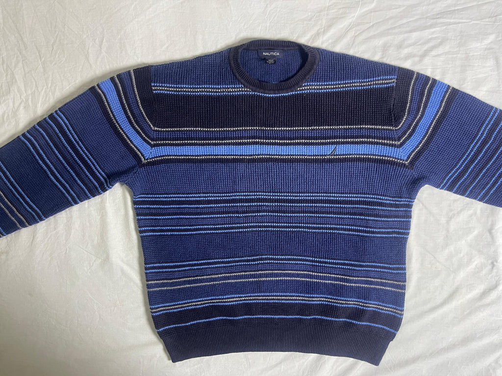 Vintage Nautica V-Neck Knit Sweater - Slate Blue (Size L)