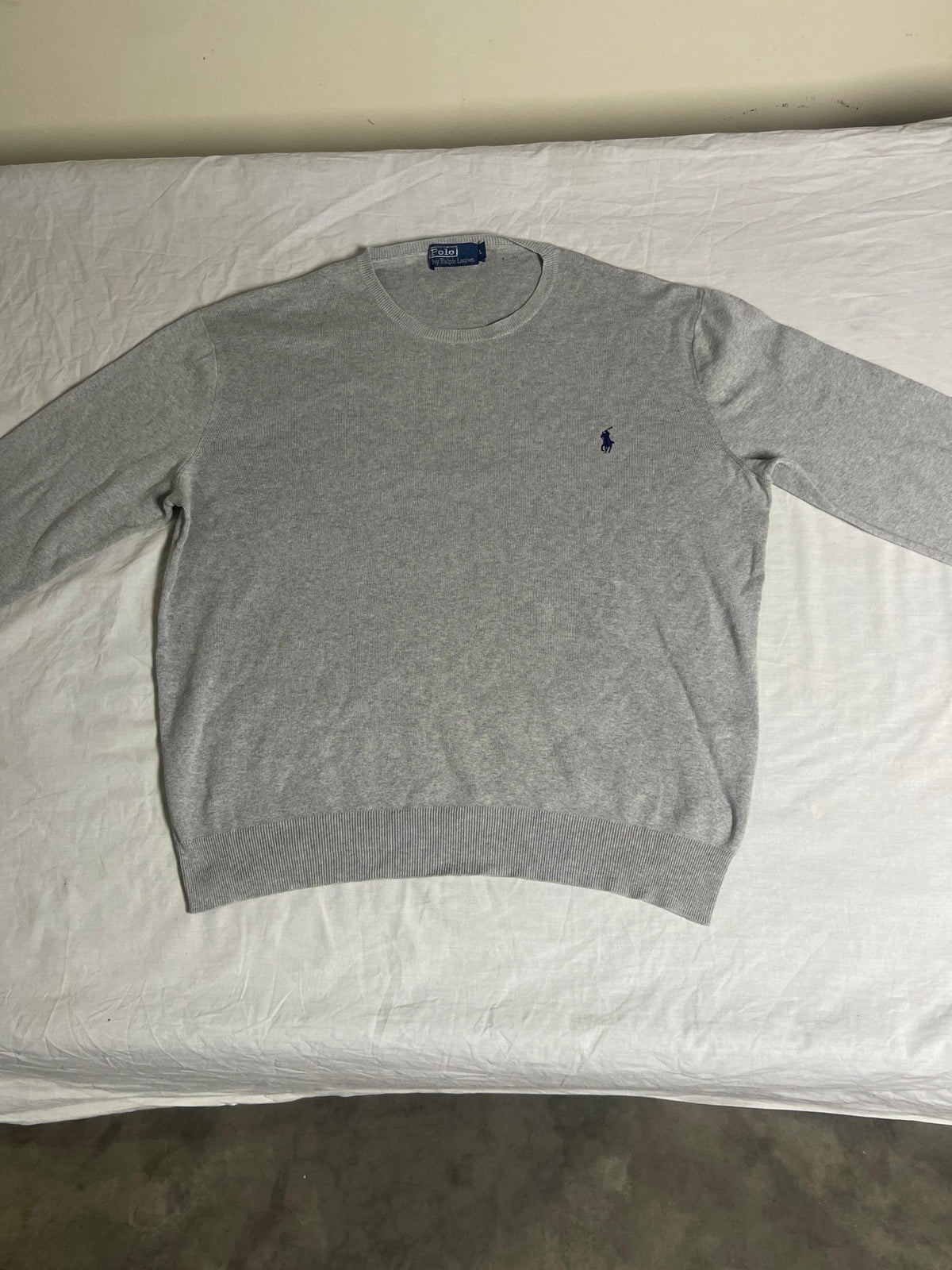 Authentic Polo by Ralph Lauren Ribbed Crewneck Sweater – Heather Grey with Navy Pony (Size Large) - Vint Drop
