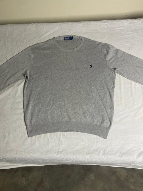 Authentic Polo by Ralph Lauren Ribbed Crewneck Sweater – Heather Grey with Navy Pony (Size Large) - Vint Drop